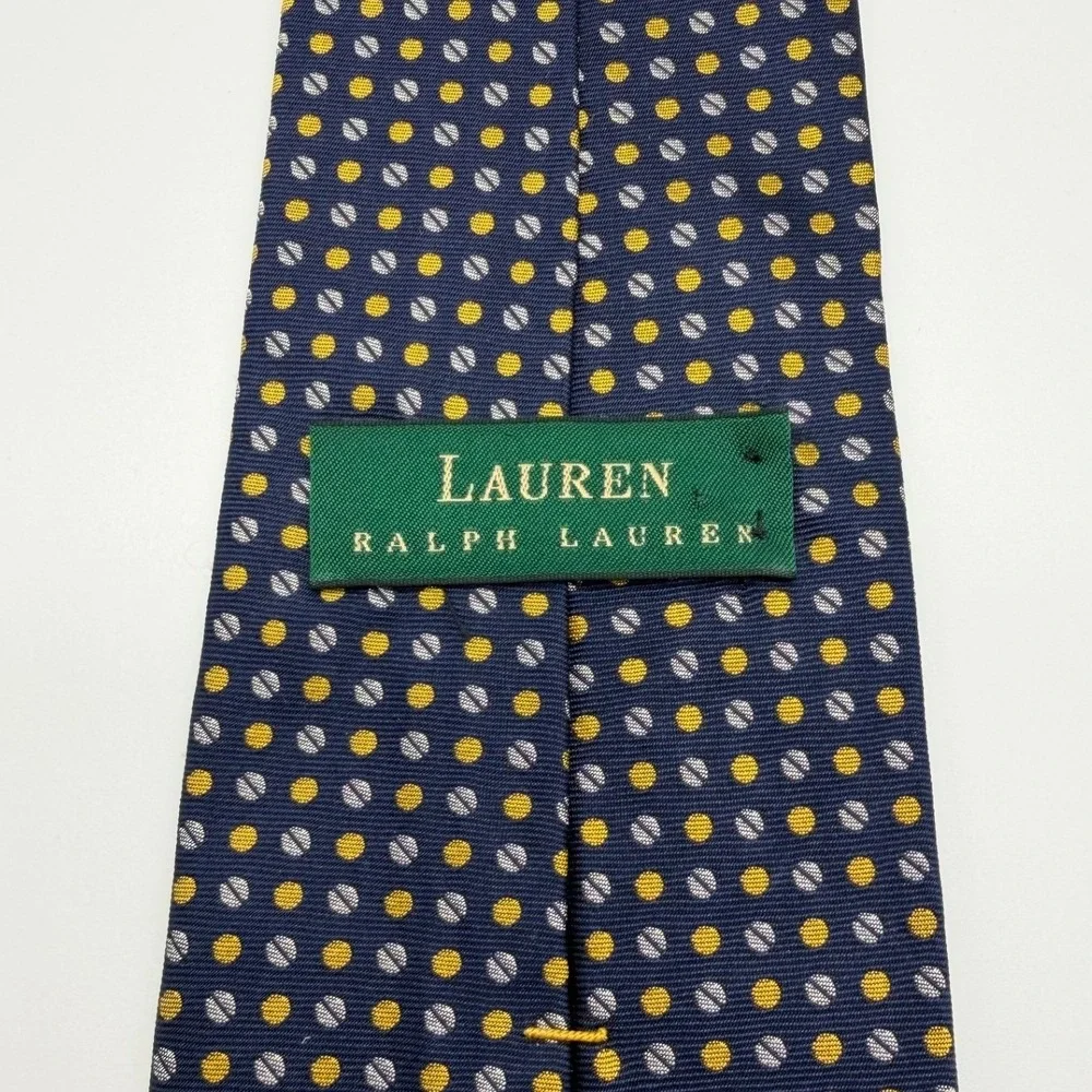 Lauren Ralph Lauren Mens Silk Tie Navy‎ Blue Gold Geometric Dot Made in USA